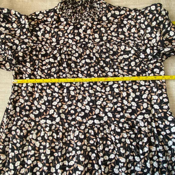 Pieces Black White Floral Flutter Long Sleeve Smocked Mock Neck Dress-Sz-XL - Picture 9 of 16